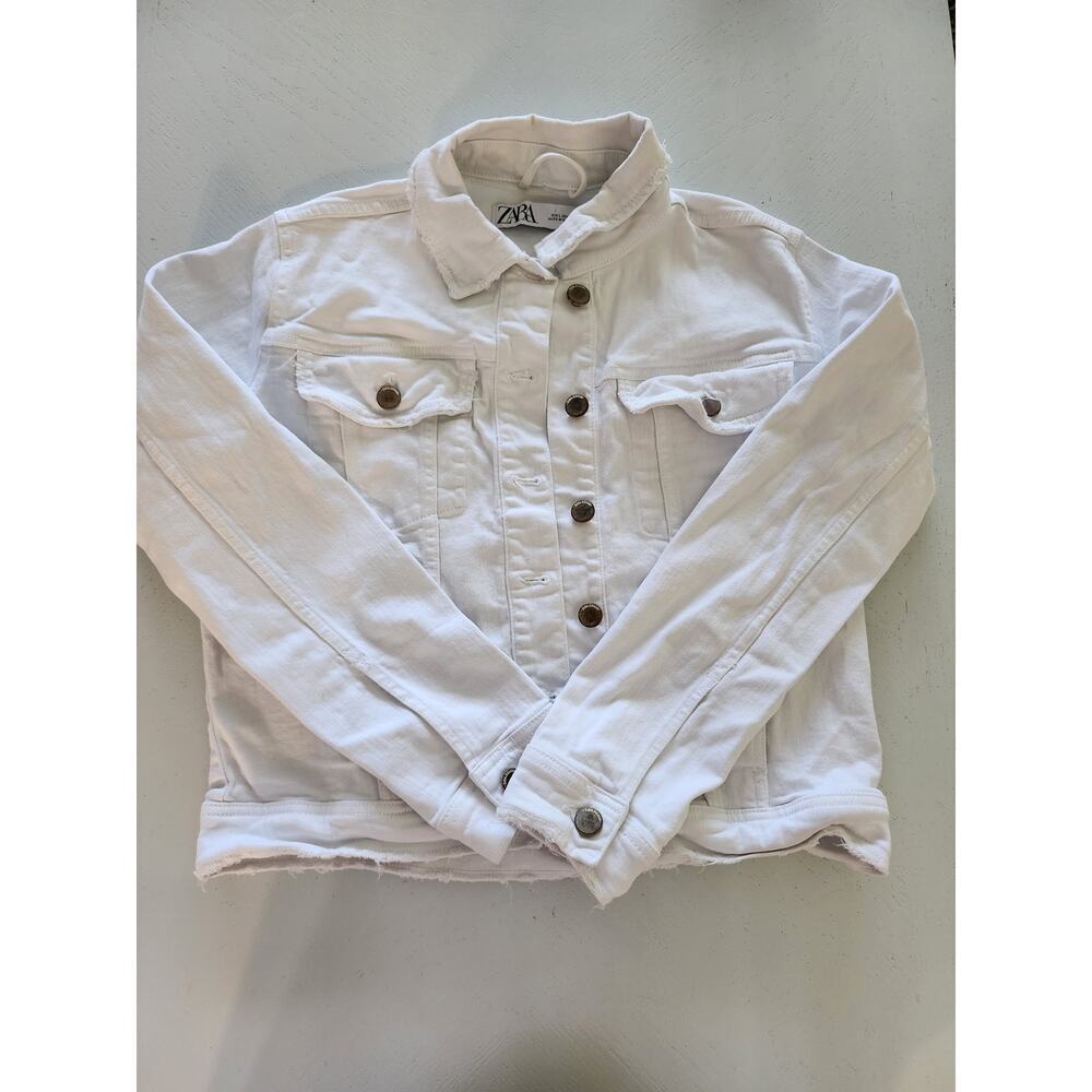 Zara Women's Large White‎ Denim Cropped Long Sleeve Button-Up Jacket